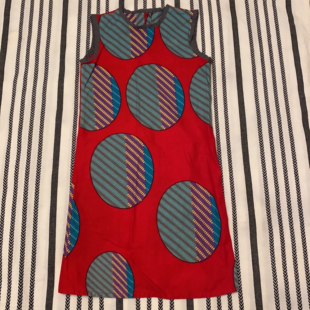 African cotton red & blue dress 6-8